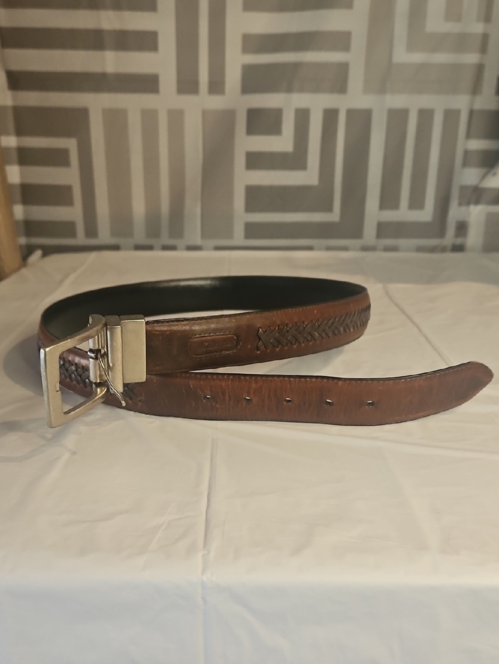 Columbia Brown Leather Braided Detail Belt with Silver Buckle